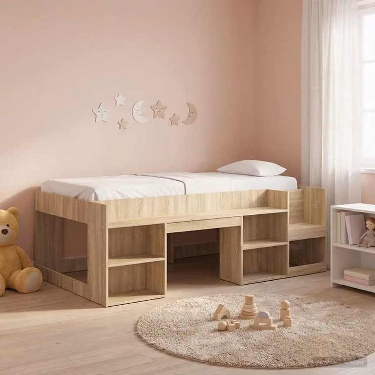 Letto singolo rialzato per bambini vidaXL con ripostiglio e scomparti laterali in legno ingegnerizzato, colore rovere, L/P/H: 200 x 80 x 165 cm