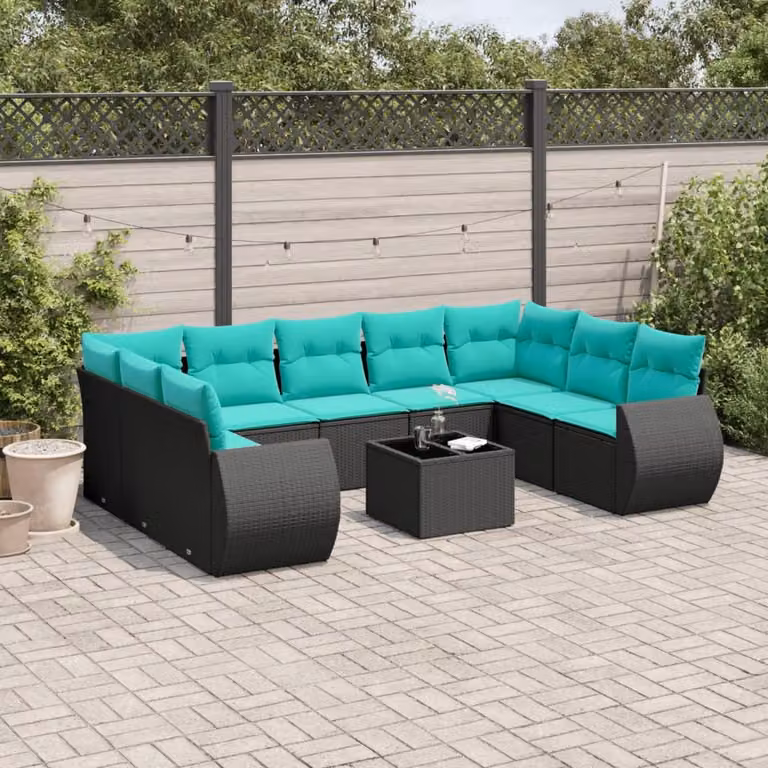 Set di divani da giardino vidaXL in polyrattan nero con cuscini blu e tavolino da esterno a forma di L