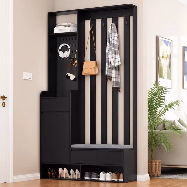 Scarpiera con Panca Imbottita e Appendiabiti ¨C MINIMAL ¨C Nero, 4 Ganci, H180xL100xP35 cm