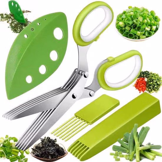 Forbici da cucina in acciaio inossidabile, 5 lame, con protezione e spazzola per la pulizia