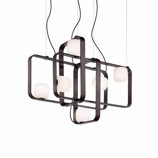 Lampada a sospensione Vistosi Groove in metallo e vetro, design rettangolare minimalista, disponibile in nero o bronzo con vetro bianco, regolabile