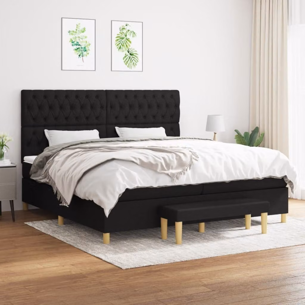 The Living Store Letto a molle con materasso nero 200x200 cm in tessuto