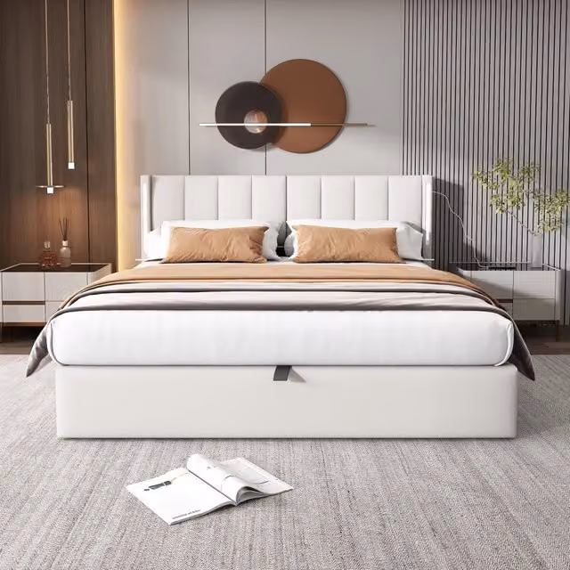 Letto contenitore LED 140x200 cm; matrimoniale con contenitore idraulico; USB; testiera regolabile; rivestimento PU effetto ciottoli; bianco