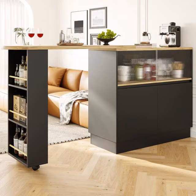 Mobile bar girevole a 360 gradi con anta scorrevole in vetro ripiani e cassetti per cucina e sala da pranzo in MDF nero