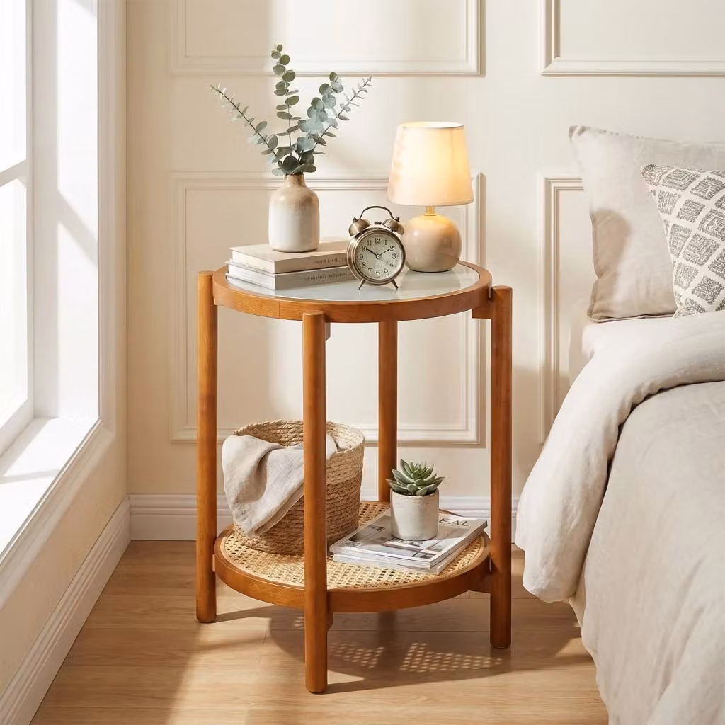 Tavolino da caffè rotondo in stile boho con piano in vetro temperato e ripiano in rattan, colore noce e trasparente – 2