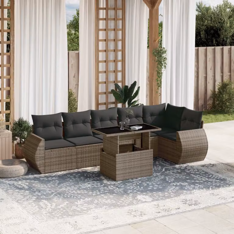 Set di divani da giardino vidaXL in polyrattan grigio con cuscini e tavolino da esterno a forma di L