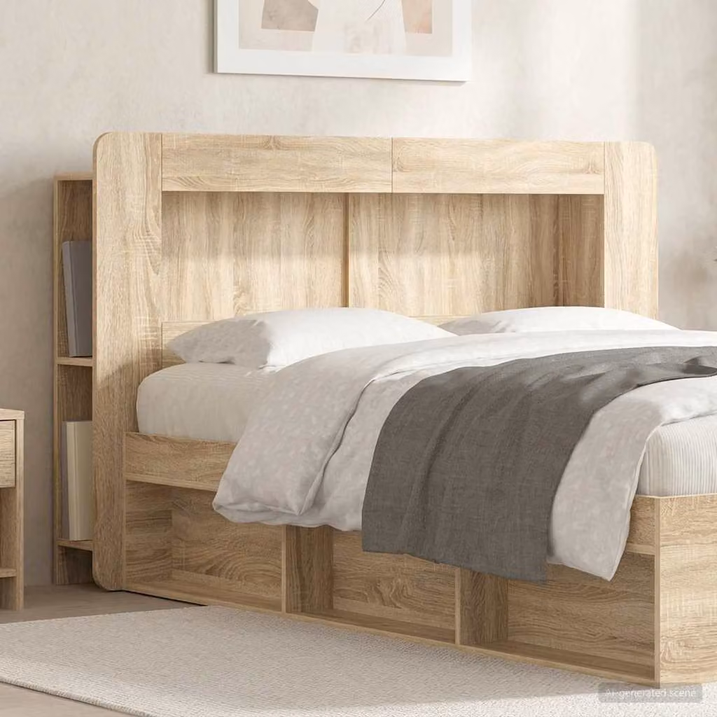 Testata del letto moderna vidaXL in legno ingegnerizzato Rovere Sonoma con ripiano integrato e scomparti laterali, Marrone, L: 153,5 cm, H: 100 cm, P: 18,5 cm