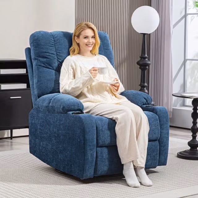 Poltrona Relax reclinabile, girevole e a dondolo REDOM, colore blu, L: 88 cm, P: 96 cm, H: 108 cm