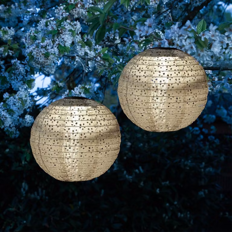 Lanterne solari a LED con motivo floreale, luce bianca calda, diametro 25 cm, sensore di luce, colore beige, confezione da 2 pezzi