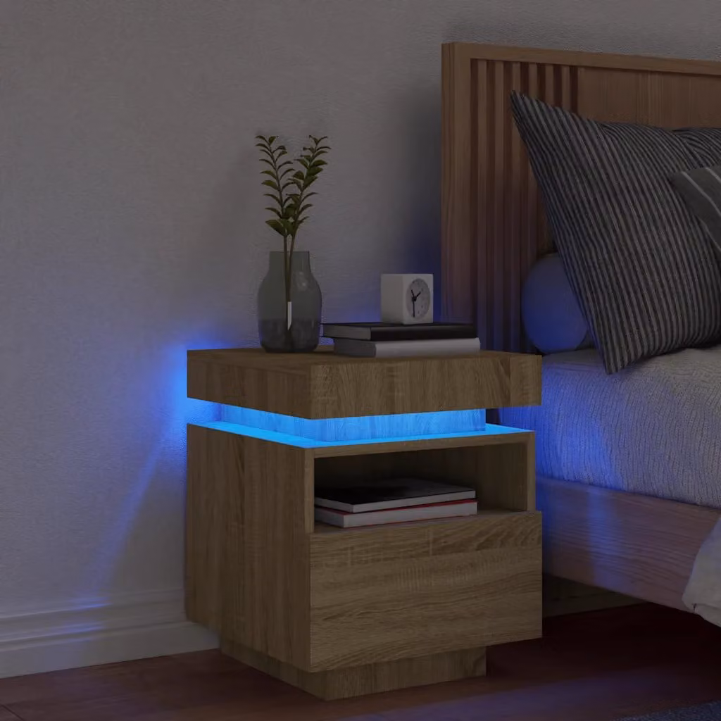 Comodino moderno vidaXL con luci LED in legno Rovere Sonoma, colore beige e marrone, L 40 cm x P 39 cm x H 48,5 cm