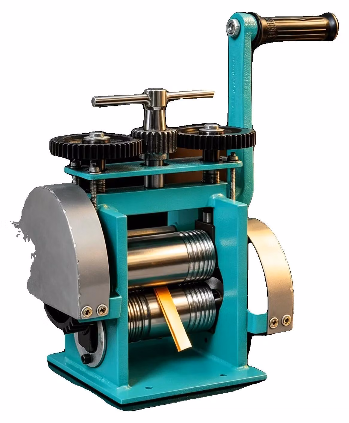 Macchina per laminazione di gioielli, realizzata in acciaio, con distanza regolabile tra i rulli da 0,03 a 6,5 mm, lunghezza dei rulli di 12 cm, dimensioni 19,5*20*25,5 cm, rapporto di trasmissione 1:6
