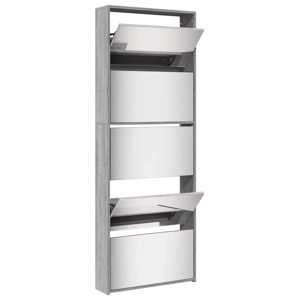 Scarpiera mobile contenitore con specchio e 5 ripiani in finitura rovere Sonoma e grigio per ingresso, corridoio o soggiorno, L: 63 cm, P: 17 cm, H: 169,5 cm – 2