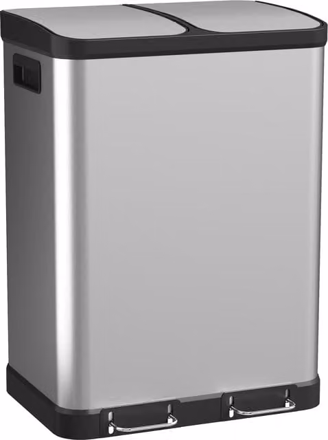 Pattumiera da cucina HOMCOM in acciaio inox argento con pedale e chiusura ammortizzata, capacità 2x30 L