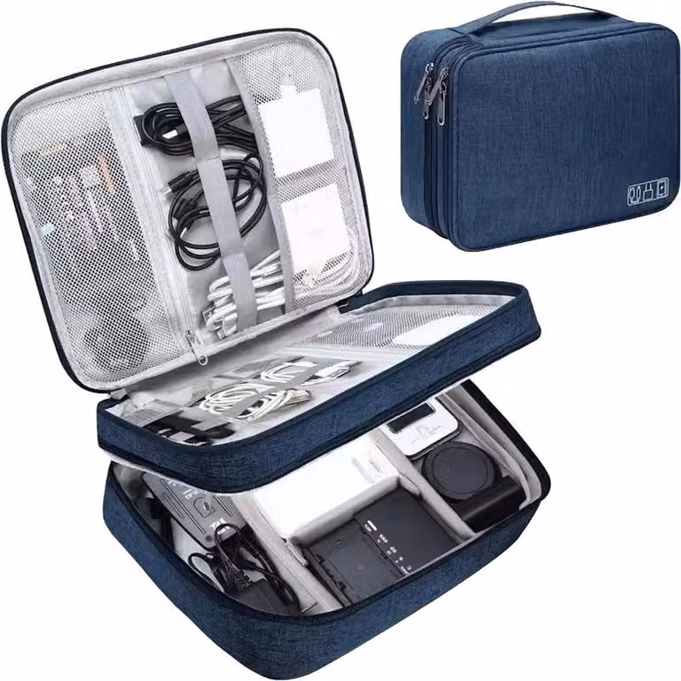 Borsa per l'organizzazione dei cavi, realizzata con materiali ecocompatibili, design compatto, colore blu scuro, a due scomparti