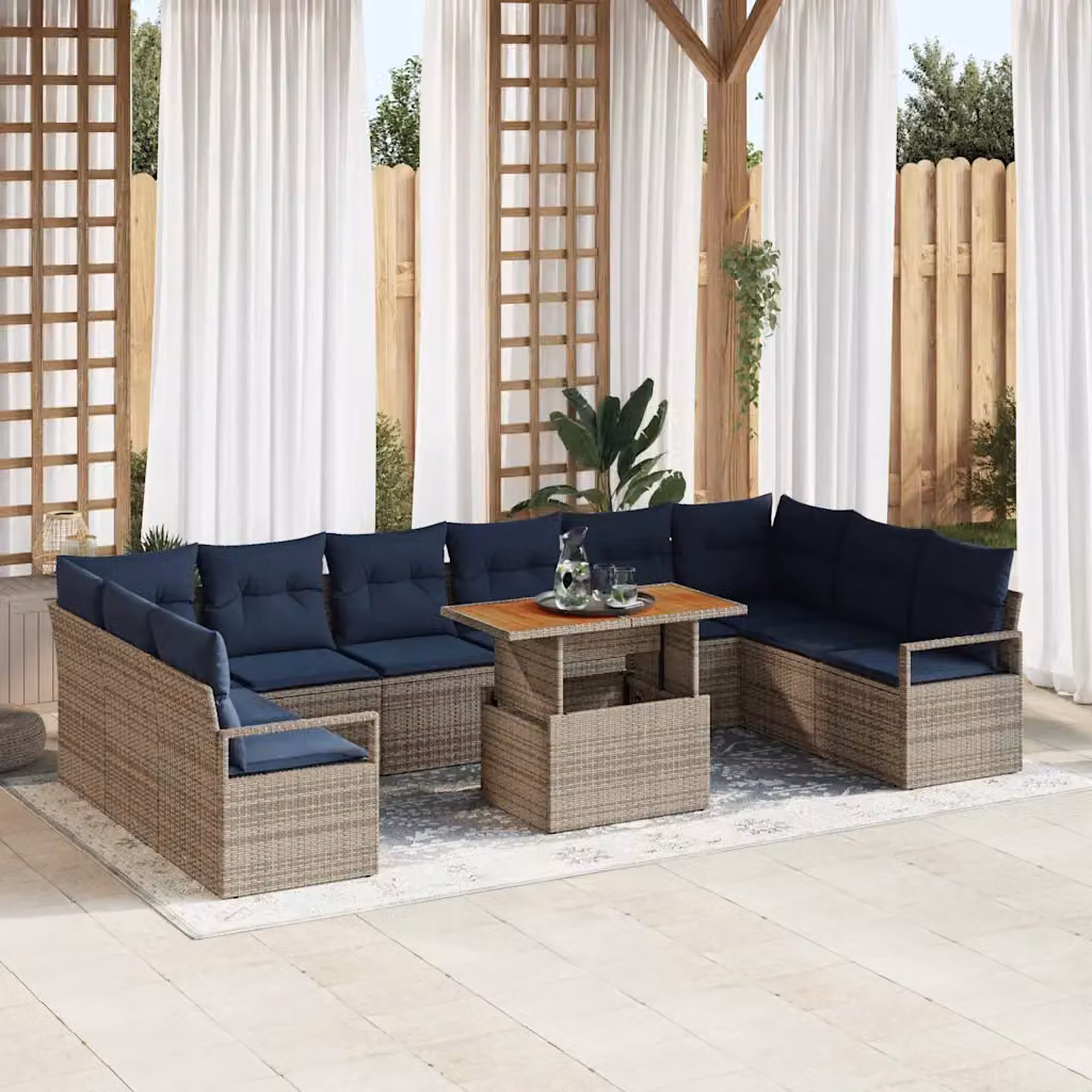 Set Divano da Giardino vidaXL 11 Pezzi in Polyrattan e Legno di Acacia con Cuscini Blu e Grigio per 10 Persone