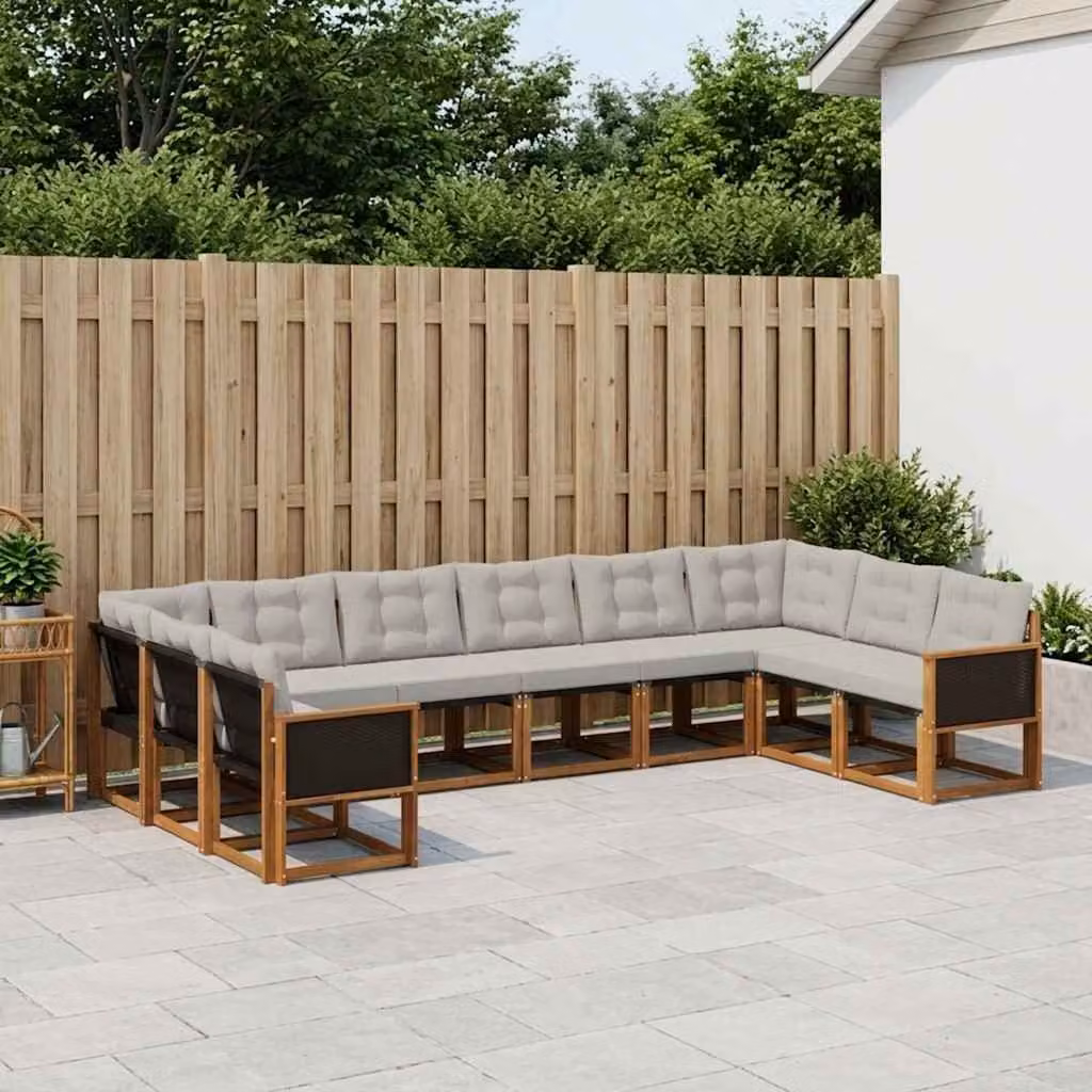 vidaXL Set di divani da esterno componibili a L in legno di acacia con cuscini, 10 pezzi, Beige e Grigio chiaro
