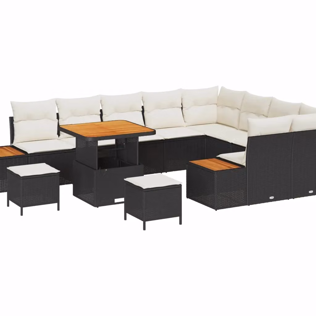 Set Divano da Giardino vidaXL a Forma a U con 11 Posti, Colore Nero e Beige, con Cuscini e Tavolino da Esterno – 2