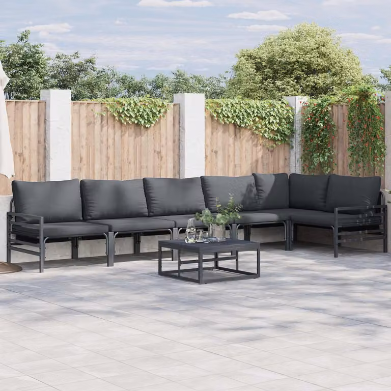 vidaXL Set Divano da Giardino Moderno a L in Acciaio Verniciato Nero con Cuscini e Tavolino, 6 Pezzi