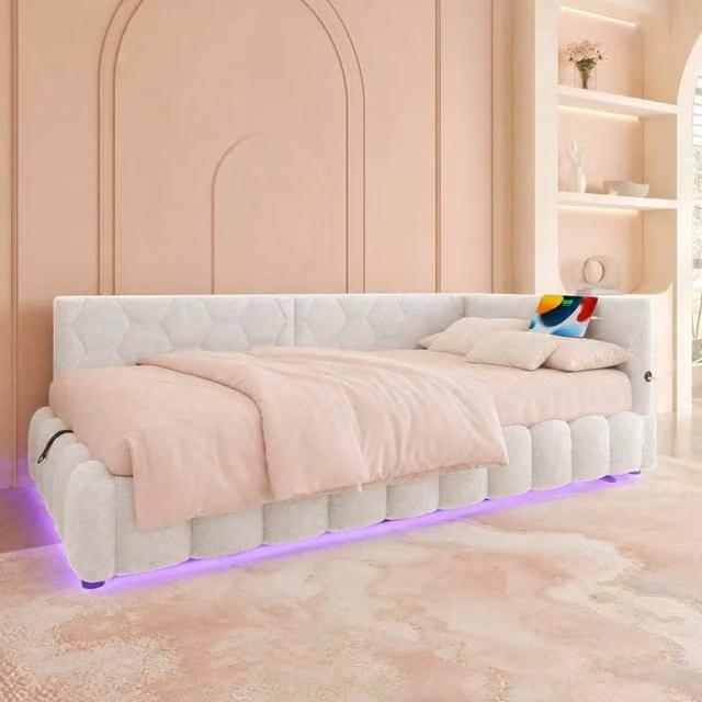 Letto singolo 90 x 200 cm con vano idraulico; LED; USB e Type-C; velluto bianco