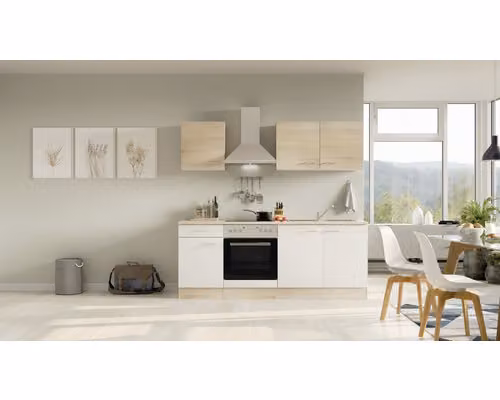 Mobile cucina con elettrodomestici Flex Well Samoa 210 cm colore frontale bianco rovere sonoma opaco colore mobile rovere sonoma