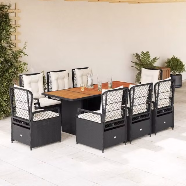 Set da Pranzo da Giardino 9 pz con Cuscini Nero in Polyrattan 3262925