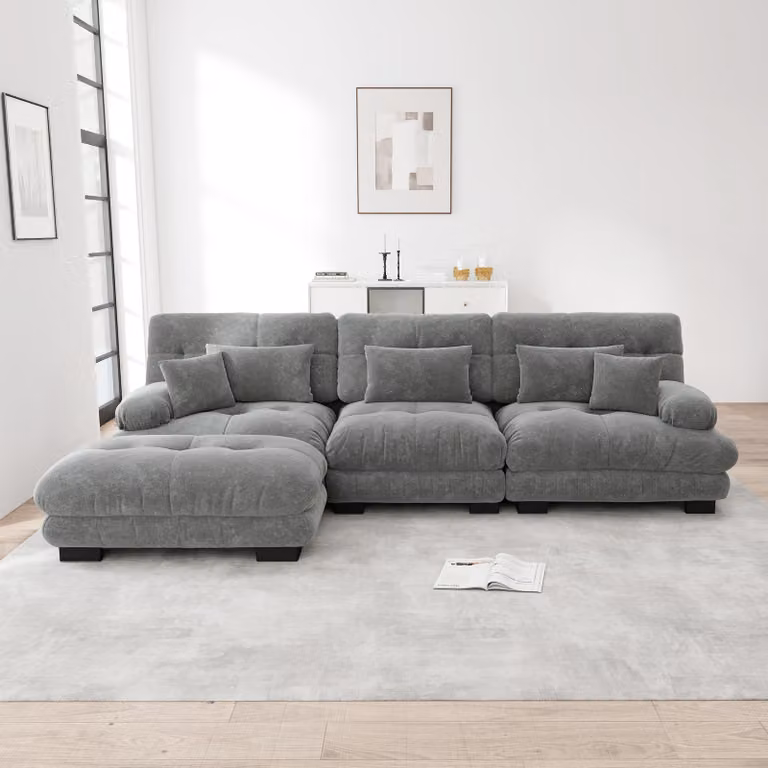 Divano angolare modulare Sweiko - Divano a forma di L sovradimensionato per il soggiorno, divano letto profondo con ottomana, velluto a coste, ciniglia grigia