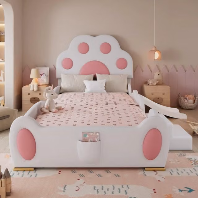 Letto imbottito singolo per bambini, 90x200 cm, testiera a zampa di gatto, con scivolo e scala a 2 gradini, superficie in PU, Bianco + Rosa