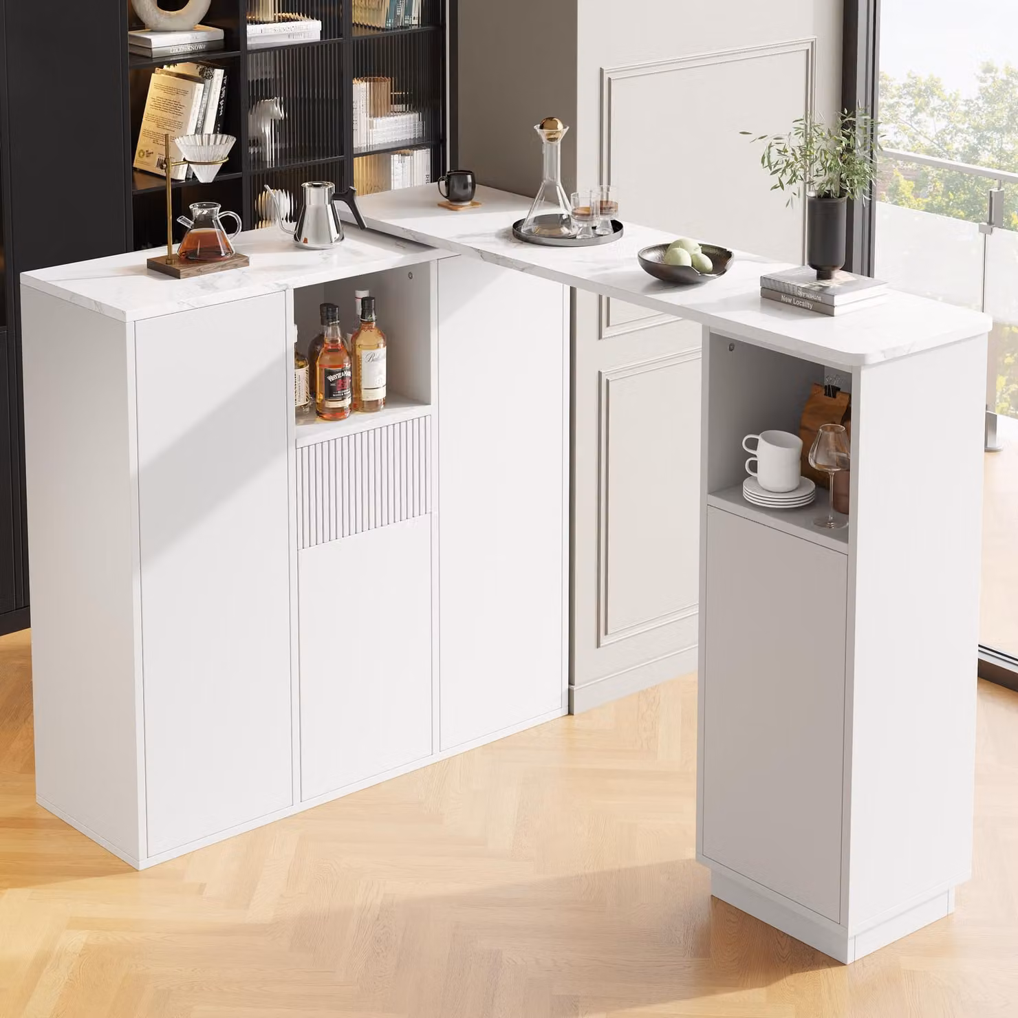 Flieks tavolo da pranzo tavolo da bar girevole a 360°, tavolo da sala da pranzo tavoli da cucina con mobile contenitore, tavolo rettangolare scrivania, bianco