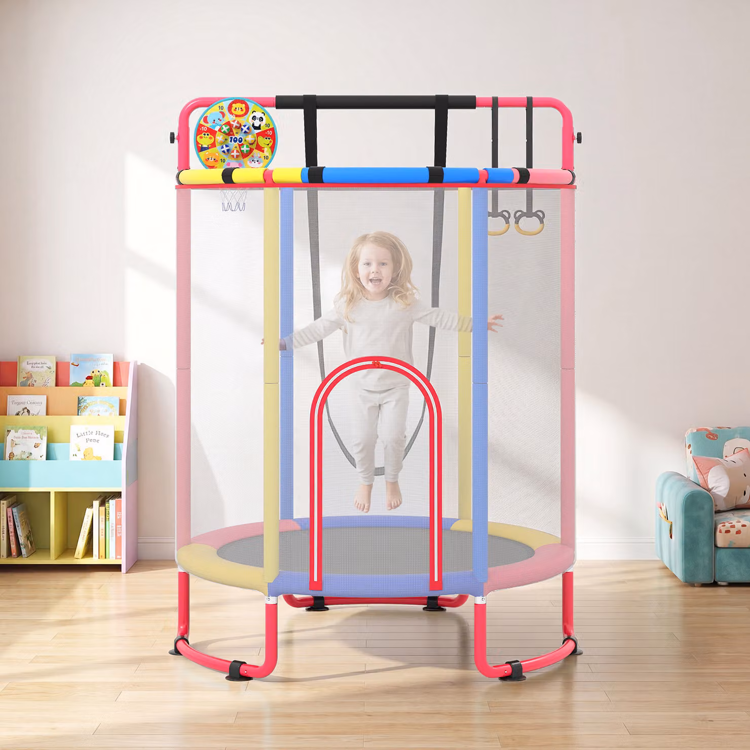 Costway Trampolino 6in1 per bambini con rete di protezione, altalena, anelli, canestro e sbarra, uso interno ed esterno, Multicolore, Diametro: 152,4 cm