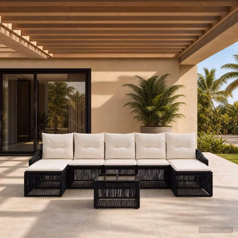 Set Divano da Giardino vidaXL 8 Pezzi a Forma di U in Polyrattan Nero con Cuscini e Tavolino