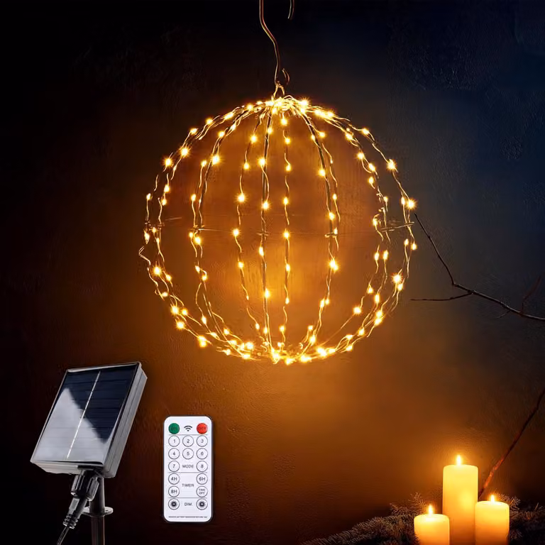 Sfera luminosa a LED solare, diametro 30 cm, 140 LED, da appendere, con telecomando, grado di protezione IP44