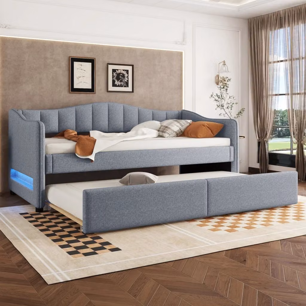 Letto divano OKWISH a 2 posti con letto estraibile, illuminazione LED sottostante e contenitore, rivestimento in tessuto grigio, L/P/H: 190 x 90 x 120 cm – 2