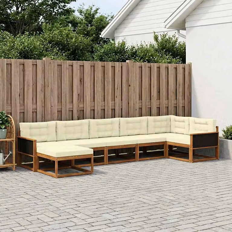 Set di divani da esterno vidaXL 7 pz in legno di acacia con cuscini beige e bianco per giardino in stile moderno a forma di L