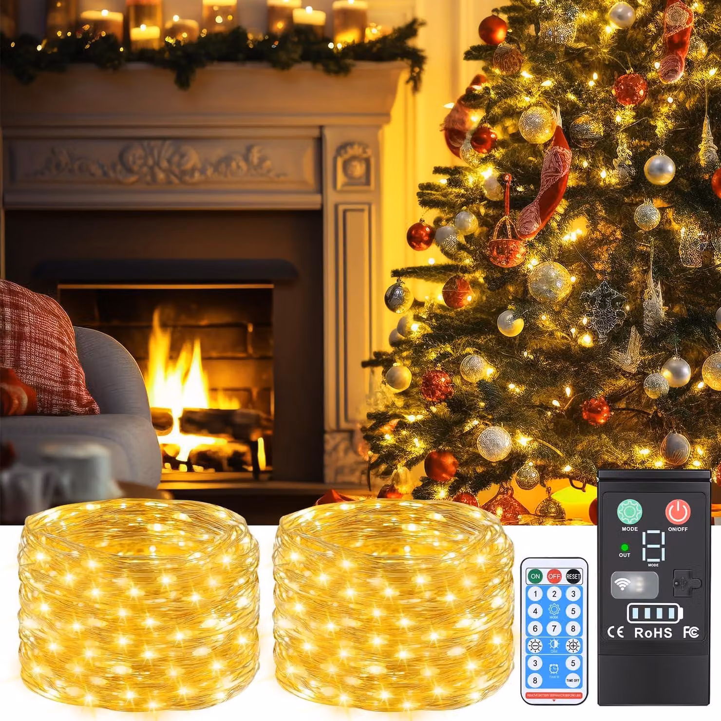 Set di 2 catene luminose a LED, lunghezza 20 metri, luce bianco caldo, 200 LED, alimentazione a batteria, grado di protezione IP44