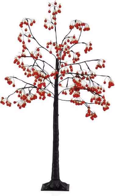 Albero di Natale artificiale decorativo con rami pieghevoli, palline rosse e luci LED bianco caldo, adatto per interno ed esterno, Altezza: 150 cm