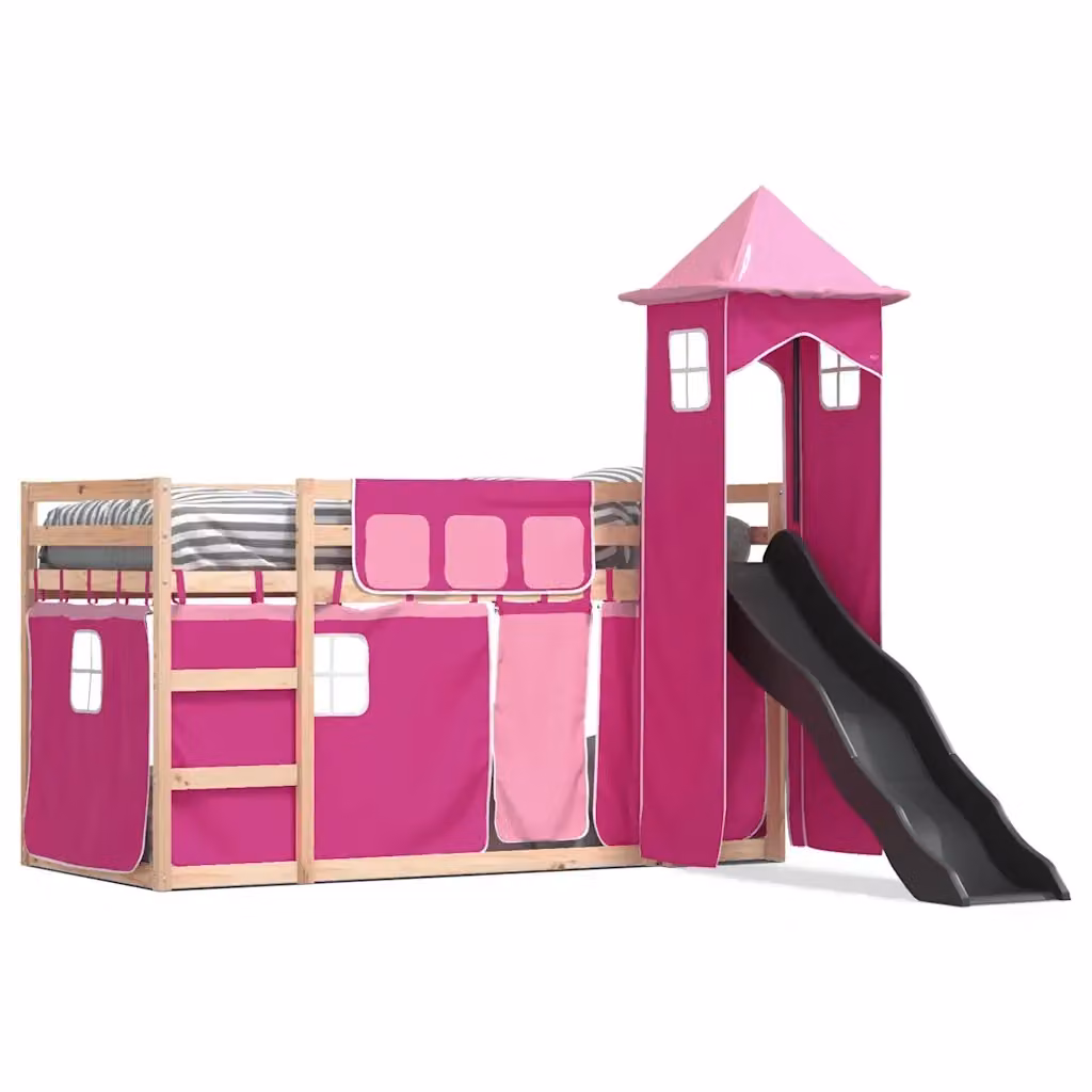 Letto a castello per bambini vidaXL in legno di pino con scivolo e tende rosa e antracite L/P/H: 200 x 80 x 113 cm – 2