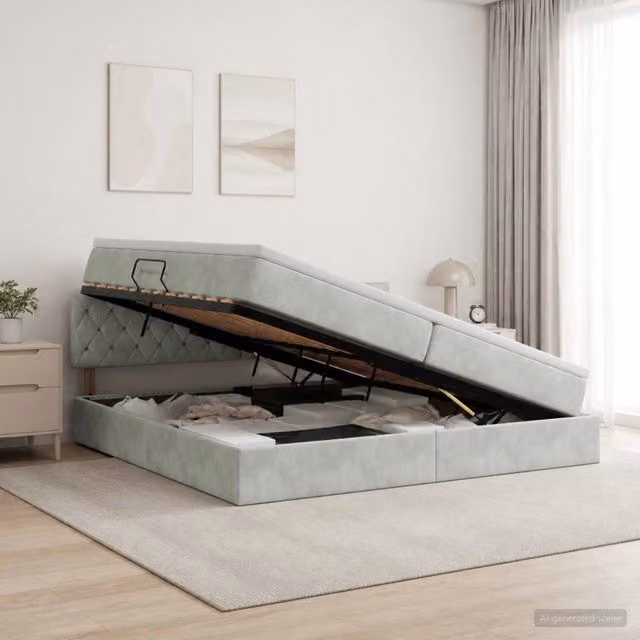 Letto con contenitore e illuminazione LED vidaXL in tessuto grigio con materasso, L/P/H: 200 x 200 x 88 cm