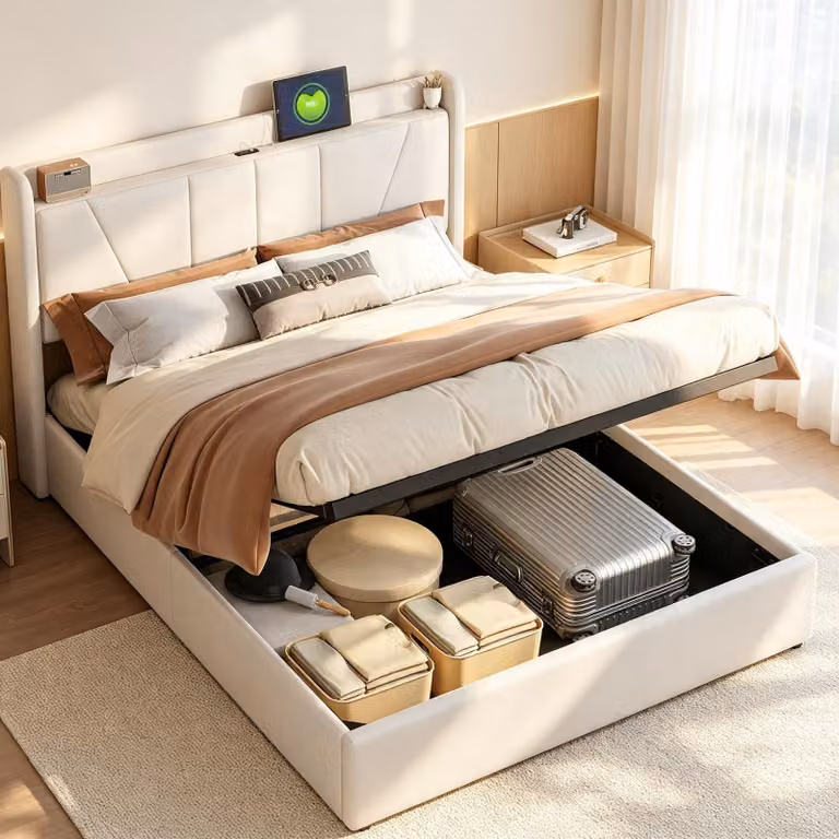Letto con boxspring 140x200 cm con caricabatterie USB, letto con contenitore, letto imbottito con spazio contenitore, struttura del letto con rete a doghe, tessuto in lino, color beige