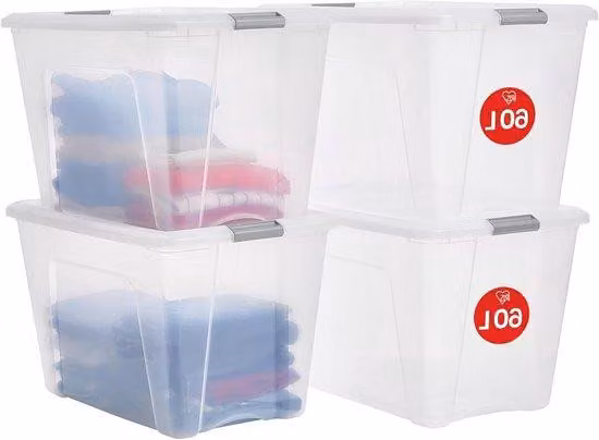 Grandi contenitori in plastica con coperchio - Grandi contenitori impilabili da 60 litri, certificati BPA - Per lavanderia e ufficio, colore argento/chiaro - 395 x 58 x 365 cm