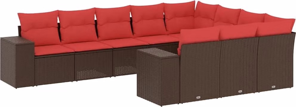 Set Divani da Giardino 10 pz con Cuscini Marrone in Polyrattan