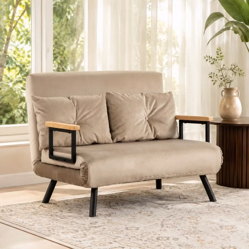 Poltrona letto convertibile MIVRAY in tessuto effetto velluto marrone con schienale regolabile a 5 posizioni e struttura in metallo e legno, L: 81 cm, P: 102 cm, H: 73 cm – 2