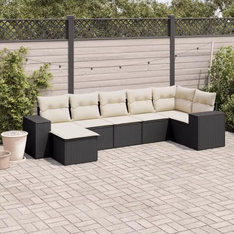 vidaXL Set Divani da Giardino a L con Cuscini 7pz in Polyrattan Nero e Bianco