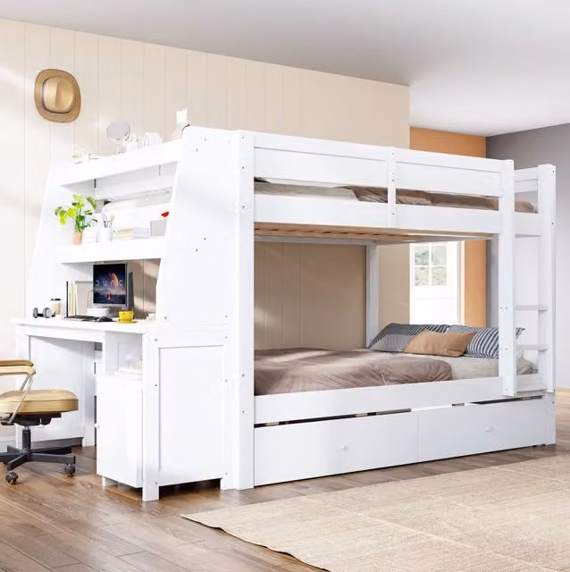 Letto a castello ULEVR 140x200 cm con scrivania, modulo contenitore reversibile e 2 cassetti, bianco