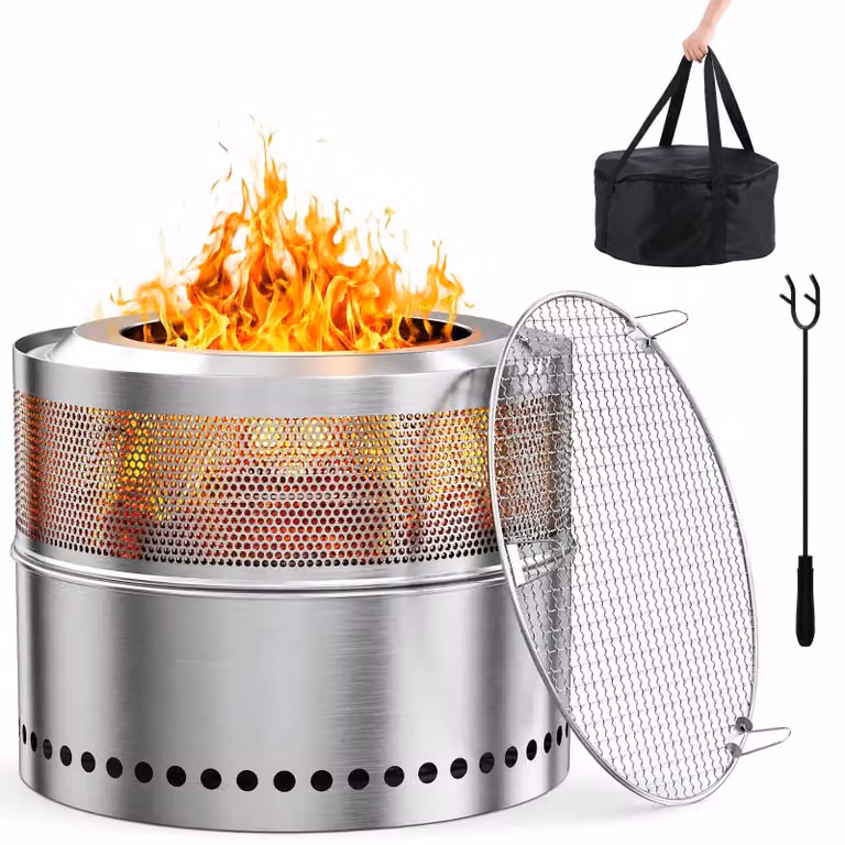 Braciere – Braciere senza fumo, diametro 50 cm – Acciaio inossidabile – Griglia – Contenitore per la cenere estraibile – Borsa per il trasporto – Portatile – Argento