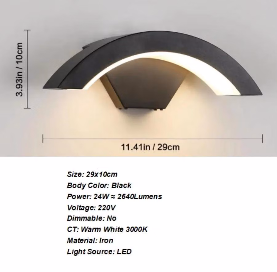 Lampada da parete esterna a LED moderna - Modello A3302 - 24 W - Luce bianco caldo 3000 K - Montaggio a parete - Luce direzionata verso l'alto - Colore nero