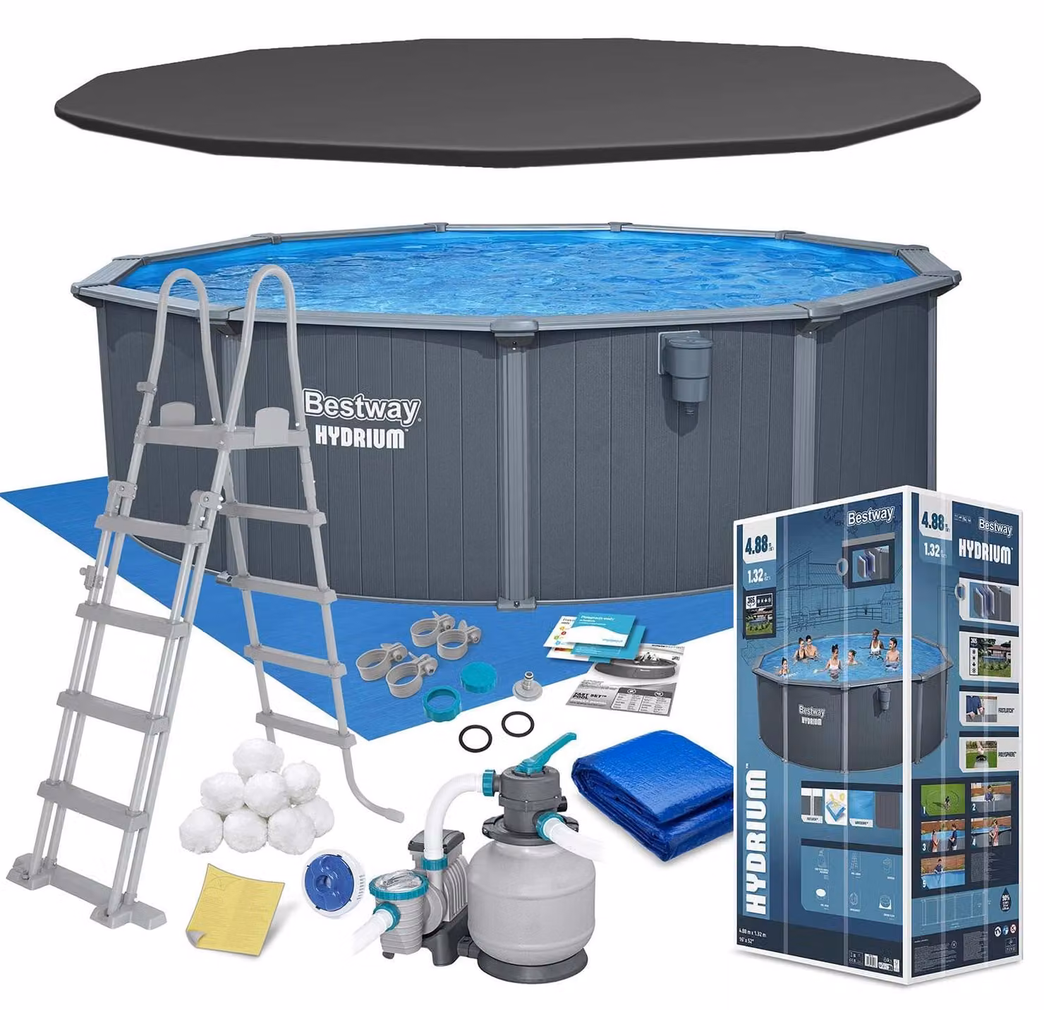 Piscina rotonda smontabile Bestway Hydrium in acciaio, Ø 488 x 132 cm, con filtro a sabbia da 6.056 l/h, telo di fondo, copertura e scaletta