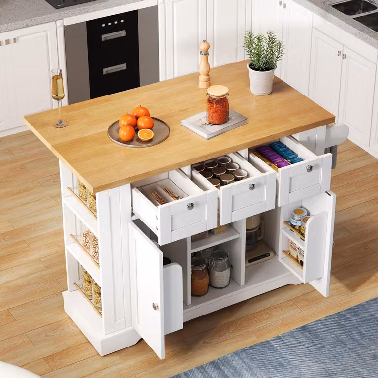 Carrello per cucina da 132 cm con piano di lavoro ribaltabile, 3 cassetti, 2 ante, ruote, presa di corrente, colore bianco