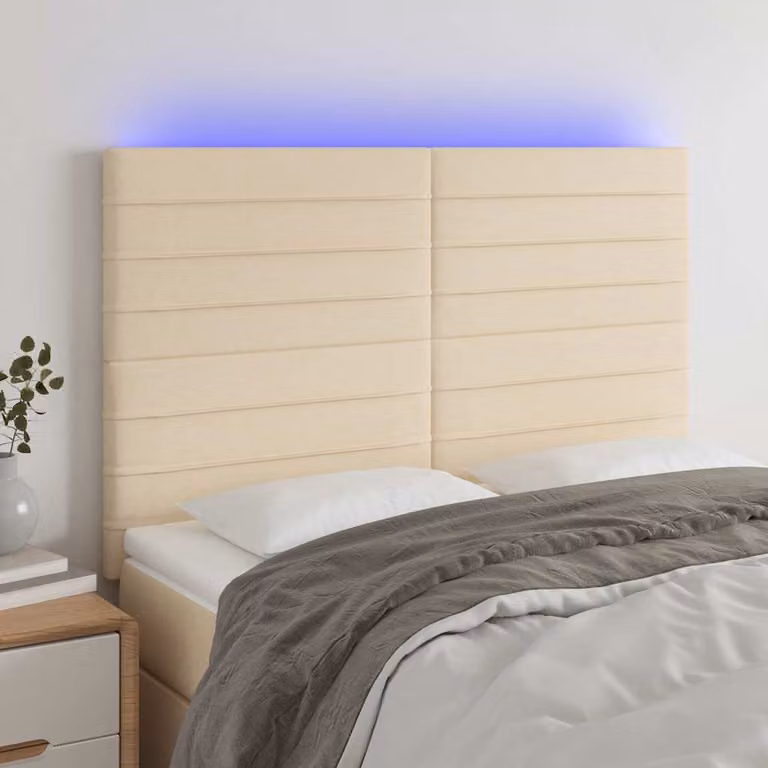 Testiera per letto vidaXL in tessuto beige con illuminazione LED e porta USB, L 144 cm x P 5 cm x H 118-128 cm