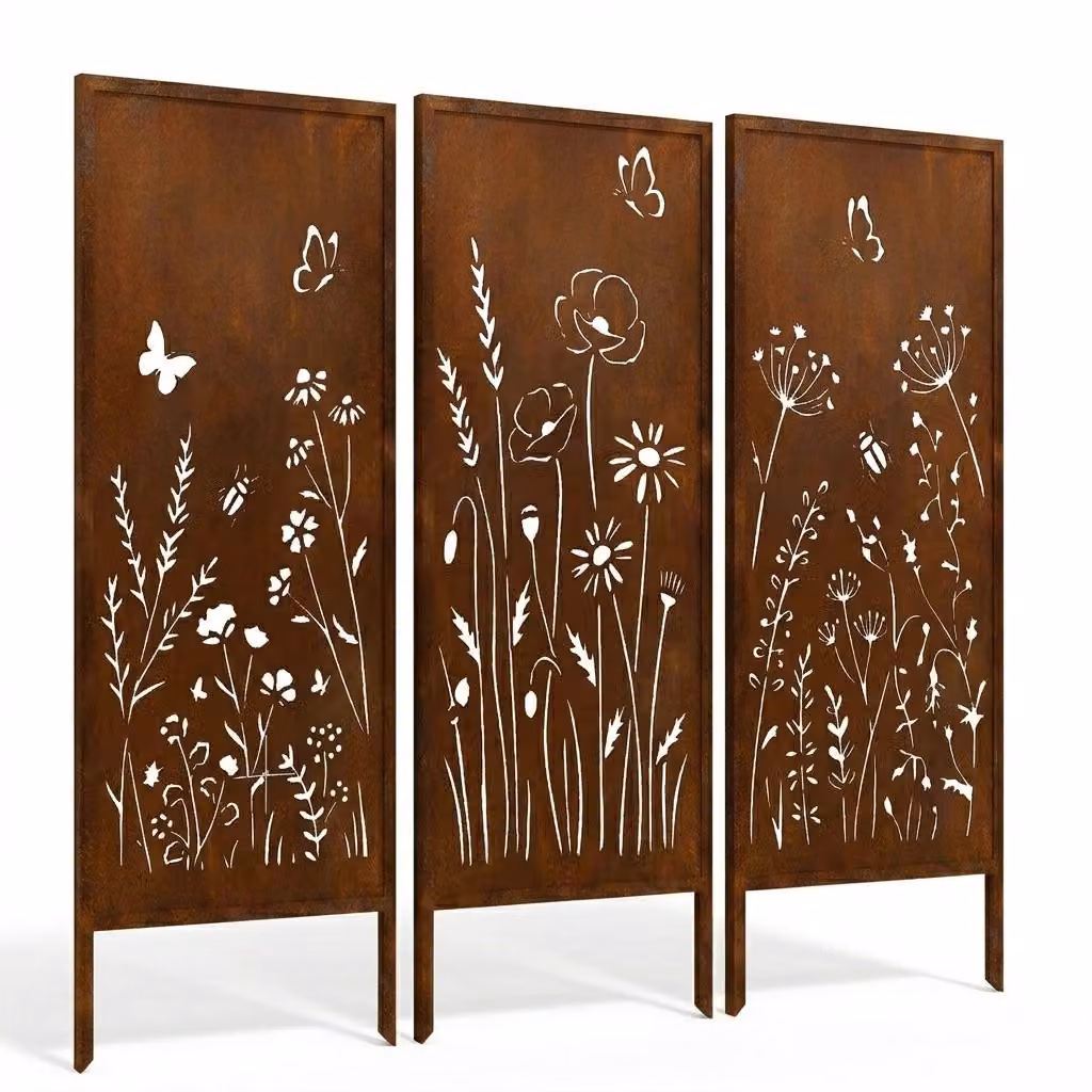 Pannello decorativo da esterno in metallo, effetto Corten, modello "Butterfly Meadow" (3 pezzi), dimensioni 120x50 cm, tagliato al laser, ideale come elemento decorativo e perimetrale