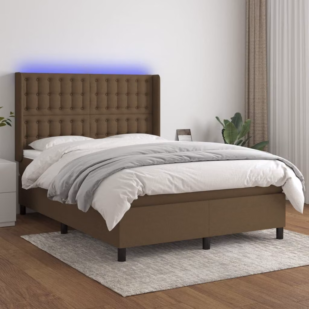 The Living Store Letto a molle con materasso e LED in tessuto marrone scuro 140x190 cm